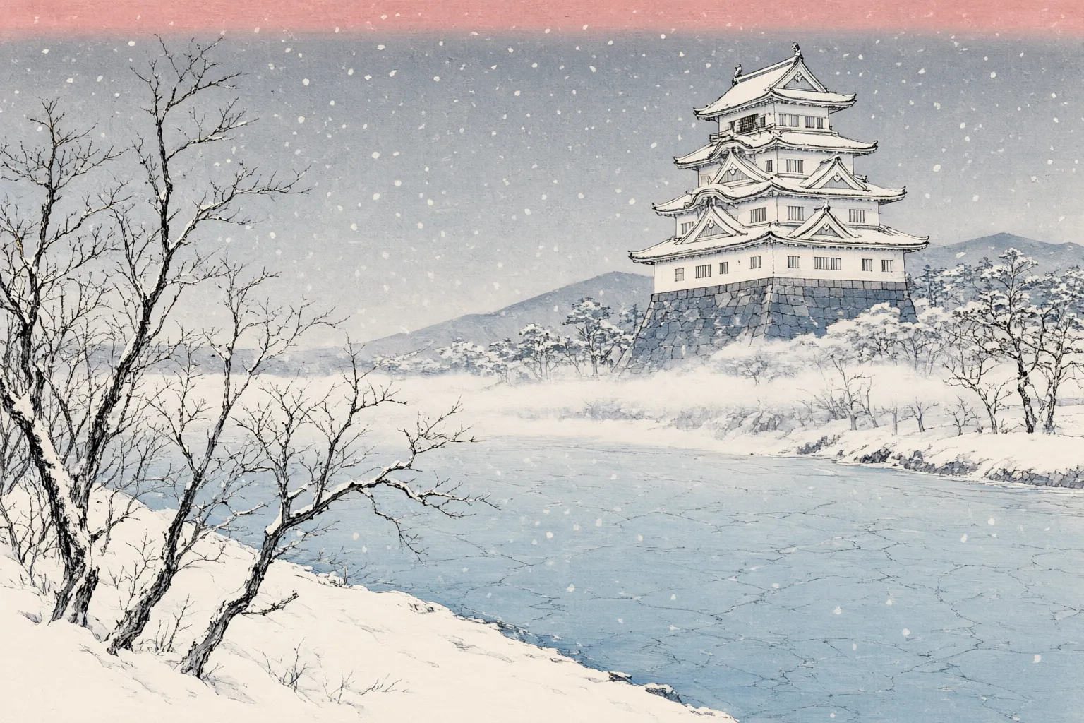 Woodblock-style print of a castle keep above high stone walls in falling snow at dusk, a frozen moat below it and bare trees along the bank.