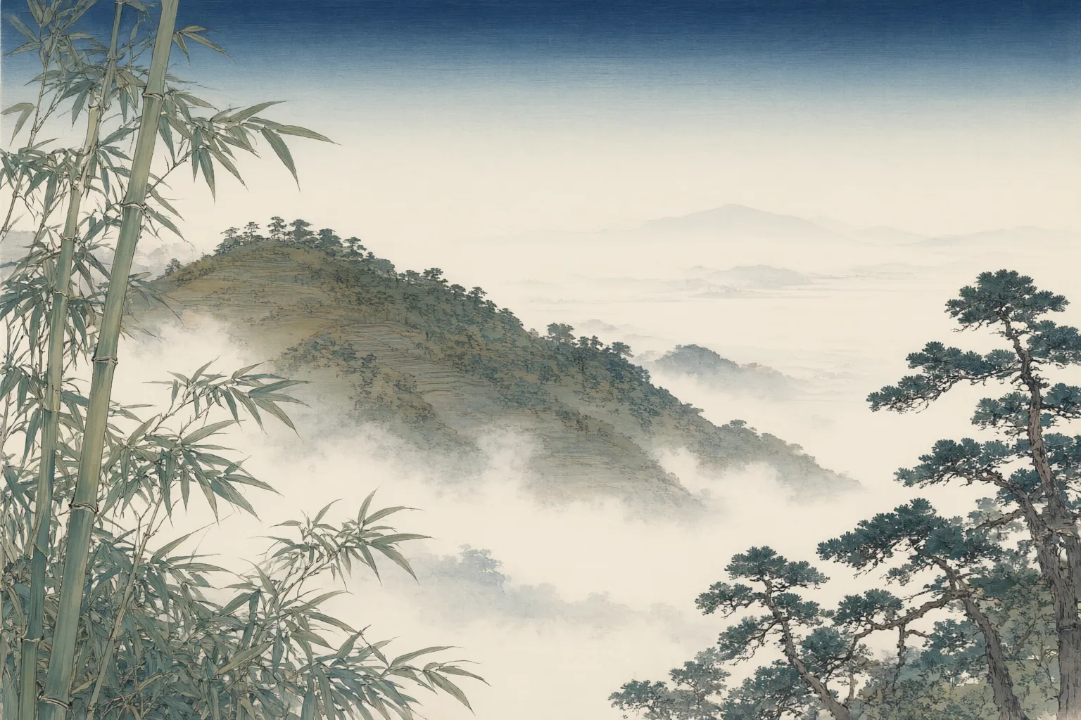 Woodblock-style illustration of a low wooded ridge with earthwork terraces emerging from lifting mist, bamboo in the foreground.