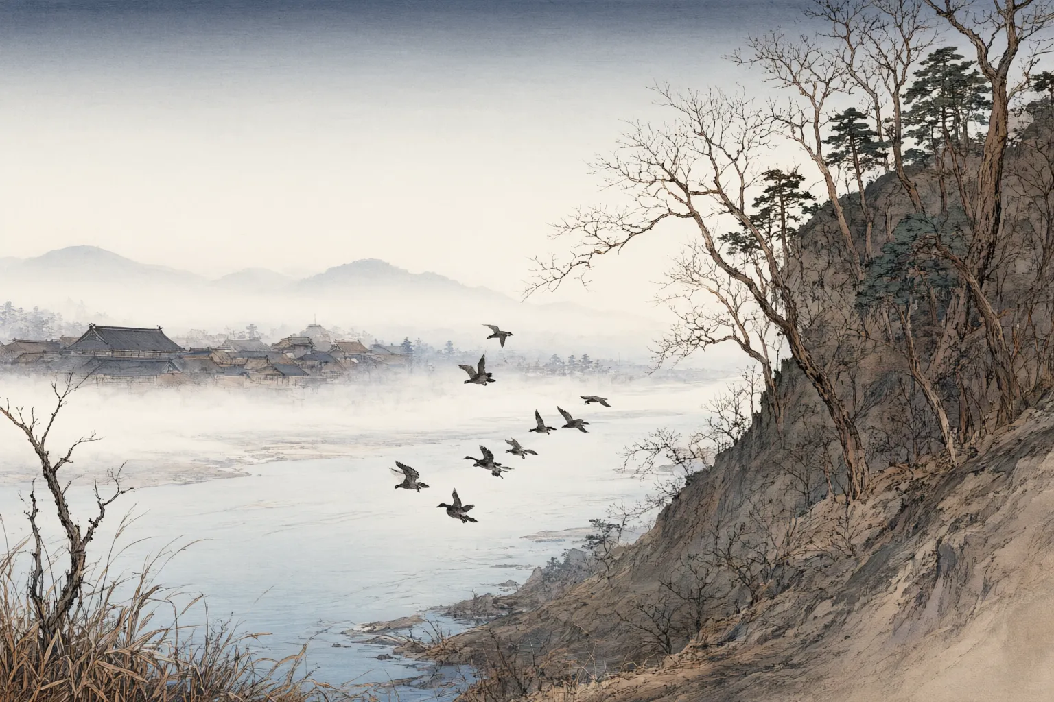Woodblock-style illustration of geese coming down over a broad shallow river below a wooded bluff, with the roofs of a castle town on the far bank under early winter mist.
