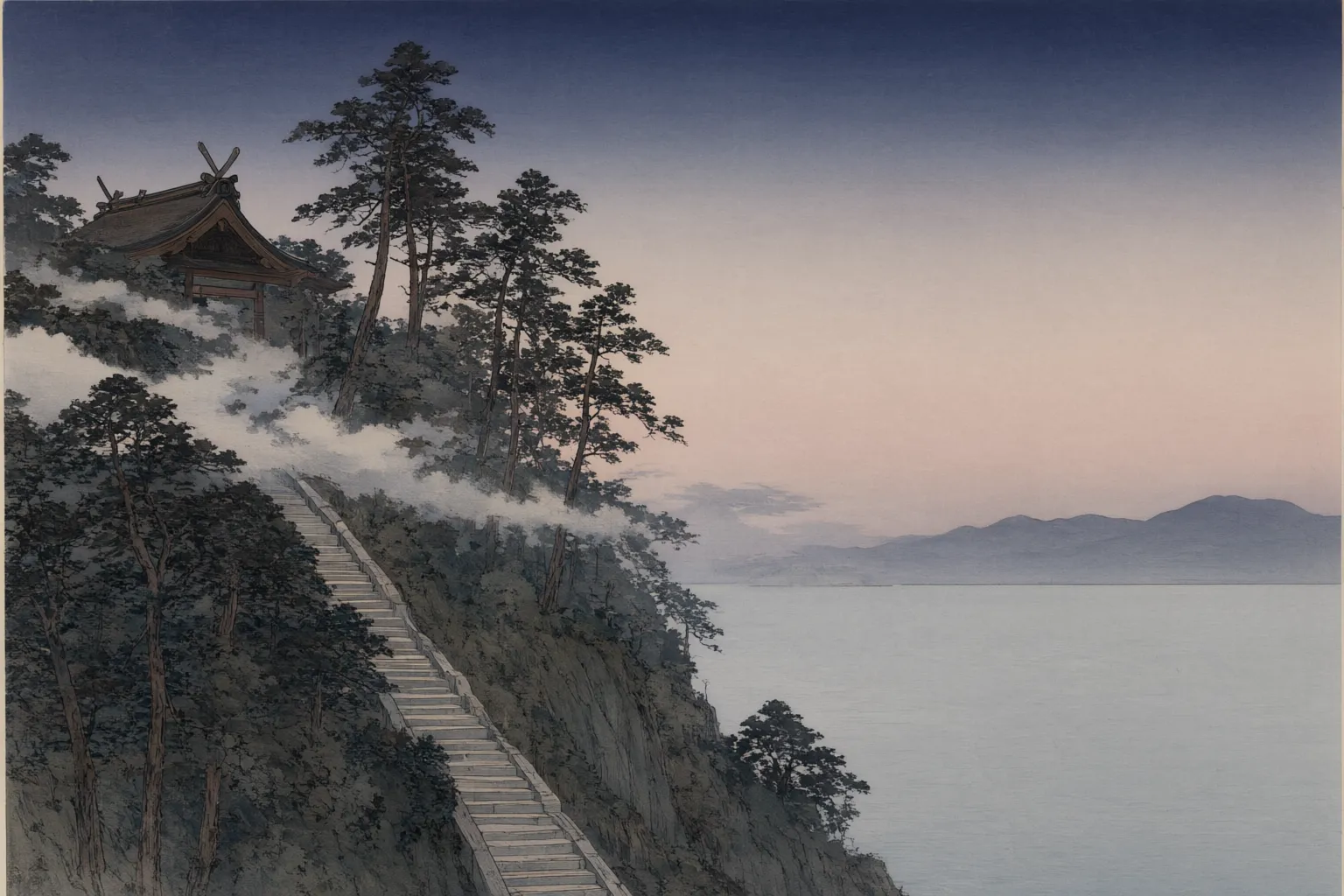 Woodblock-style illustration of a long stone stairway climbing a steep wooded headland above a calm sea at dusk, a shrine roof half hidden in the cedars near the top.