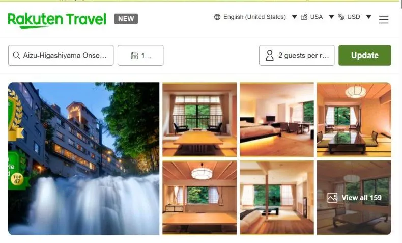 Rakuten Travel's page for Aizu-Higashiyama Onsen Shosuke no Yado Takinoyu, showing the inn standing above a wide waterfall in summer trees, and tatami rooms with low tables looking into the green.