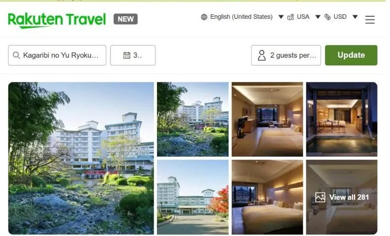 Rakuten Travel's page for Kagaribi no Yu Ryokusuitei, showing a large building set behind a garden and stream, and bedrooms with private baths.