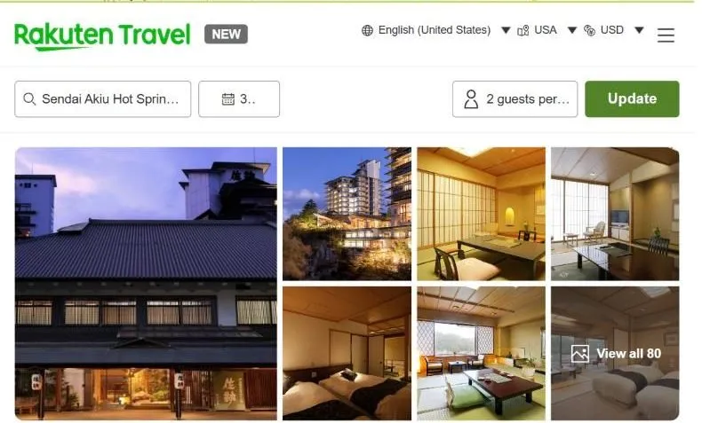 Rakuten Travel's page for Sendai Akiu Hot Spring Hotel Sakan, showing a strip of photographs of the wooden frontage lit at dusk, the modern wing above the river, and tatami rooms.