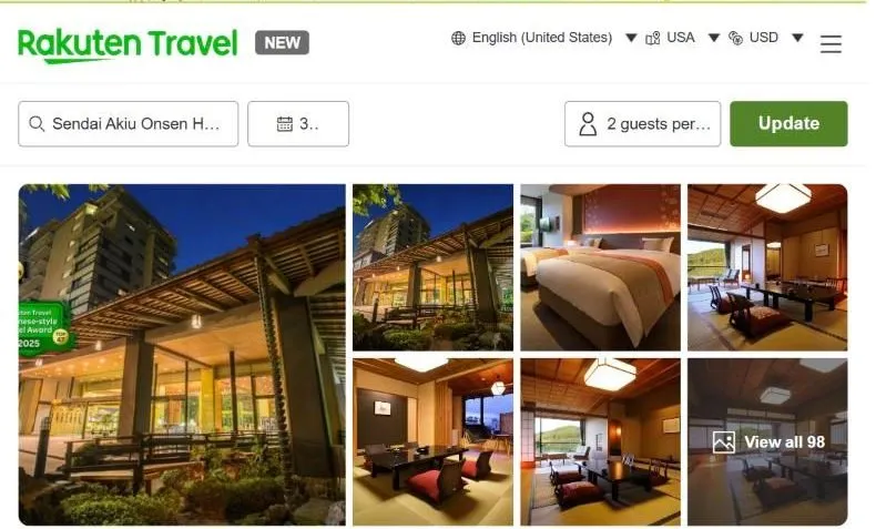 Rakuten Travel's page for Sendai Akiu Onsen Hotel Zuiho, showing a timber entrance canopy, western and tatami rooms, and a Hotel & Ryokan of the Year 2025 badge.