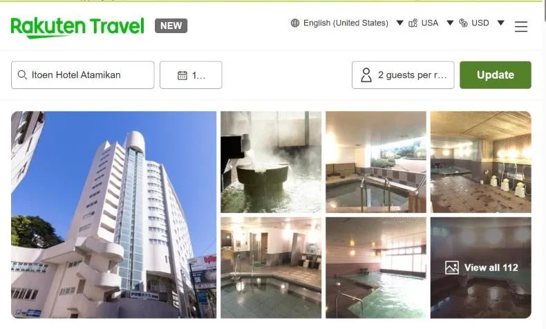 Rakuten Travel's page for Itoen Hotel Atamikan, showing a white tower above the street and a series of steaming stone and tiled indoor baths.