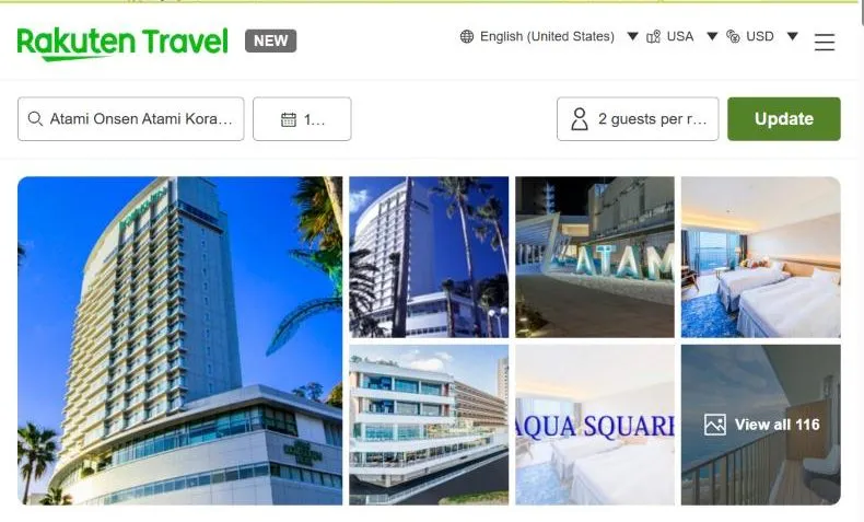 Rakuten Travel's page for Atami Onsen Atami Korakuen Hotel, showing a white seafront tower under palms, a twin room, and a sea-water pool.