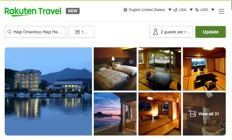 Rakuten Travel's page for Hagi Onsenkyo Hagi Hakkei Ganjima Besso, showing a lit hotel on the water at dusk, tatami rooms looking at the sea, and a bath at sunset.