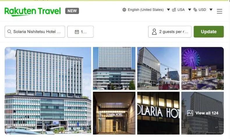 Rakuten Travel's page for Solaria Nishitetsu Hotel Kagoshima, showing a glass and steel city hotel, a tram passing it, and the lit entrance at night.