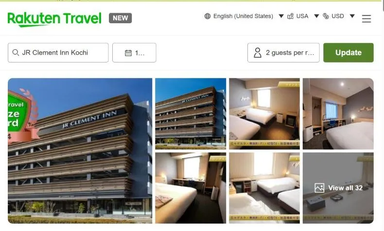 Rakuten Travel's page for JR Clement Inn Kochi, showing a timber- screened modern hotel beside the station and compact western bedrooms.
