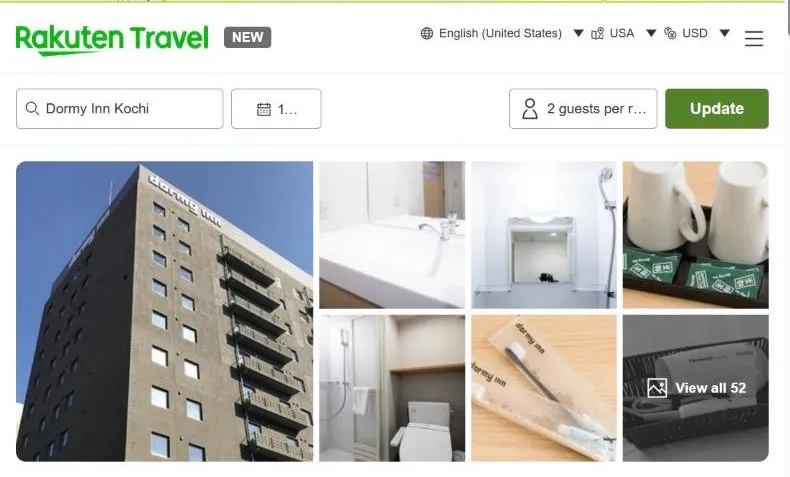 Rakuten Travel's page for Dormy Inn Kochi, showing a dark tower block, a bathroom and shower room, and the tea things set out in a room.