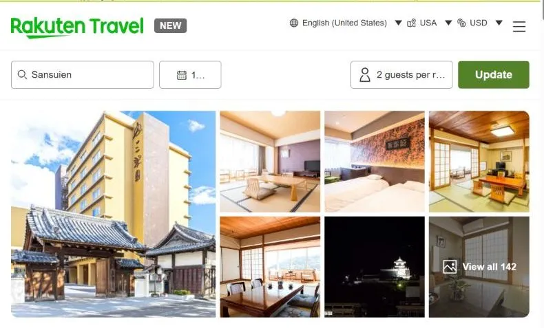Rakuten Travel's page for Sansuien, showing a modern block standing behind a preserved tiled gate, tatami and western rooms, and the castle lit at night.
