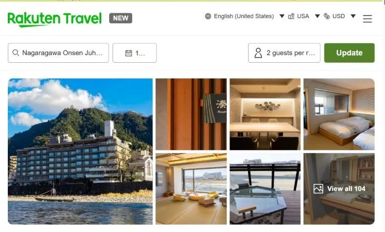 Rakuten Travel's page for Nagaragawa Onsen Juhachiro, showing the hotel on the river with Mount Kinka and the castle above it, a cormorant boat on the water, and rooms looking out at the river.
