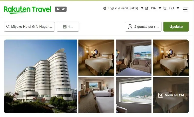 Rakuten Travel's page for Miyako Hotel Gifu Nagaragawa, showing a tall curved white hotel and bedrooms with windows over the river and the hills.