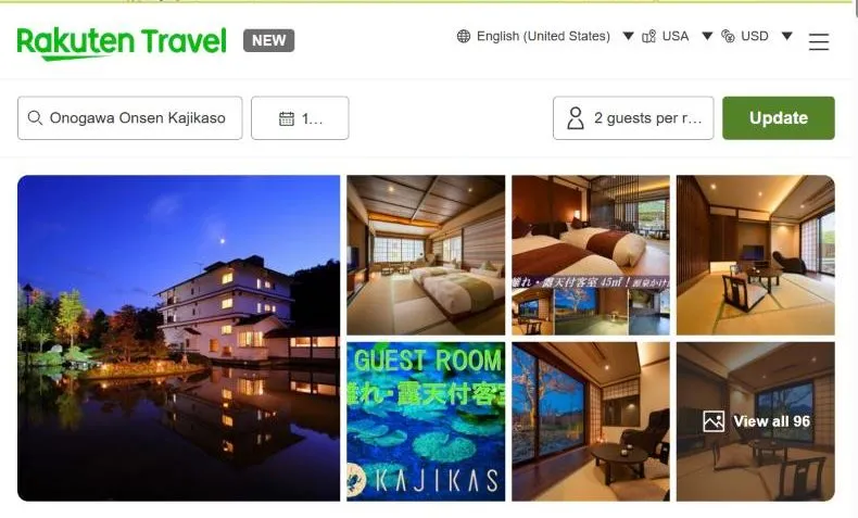 Rakuten Travel's page for Onogawa Onsen Kajikaso, showing a white inn reflected in a pond at blue hour and rooms with their own open-air baths.