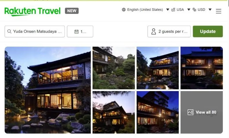 Rakuten Travel's page for Yuda Onsen Matsudaya Hotel, showing a dark timber building lit from within above a garden pond, photographed at night from several angles.