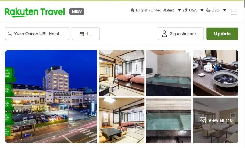 Rakuten Travel's page for Yuda Onsen UBL Hotel Matsumasa, showing a lit hotel block above a road at dusk, twin and tatami rooms, and tiled indoor baths.