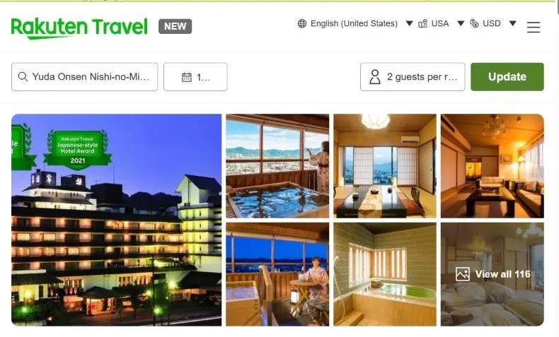 Rakuten Travel's page for Yuda Onsen Nishi-no-Miyabi Tokiwa, showing a large hotel lit along the waterfront at dusk, a rooftop bath over the city, and tatami and western rooms.