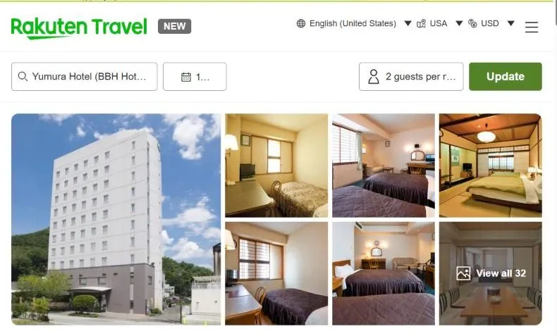 Rakuten Travel's page for Yumura Hotel, showing a plain white hotel block under a blue sky and simple western bedrooms with one tatami room.