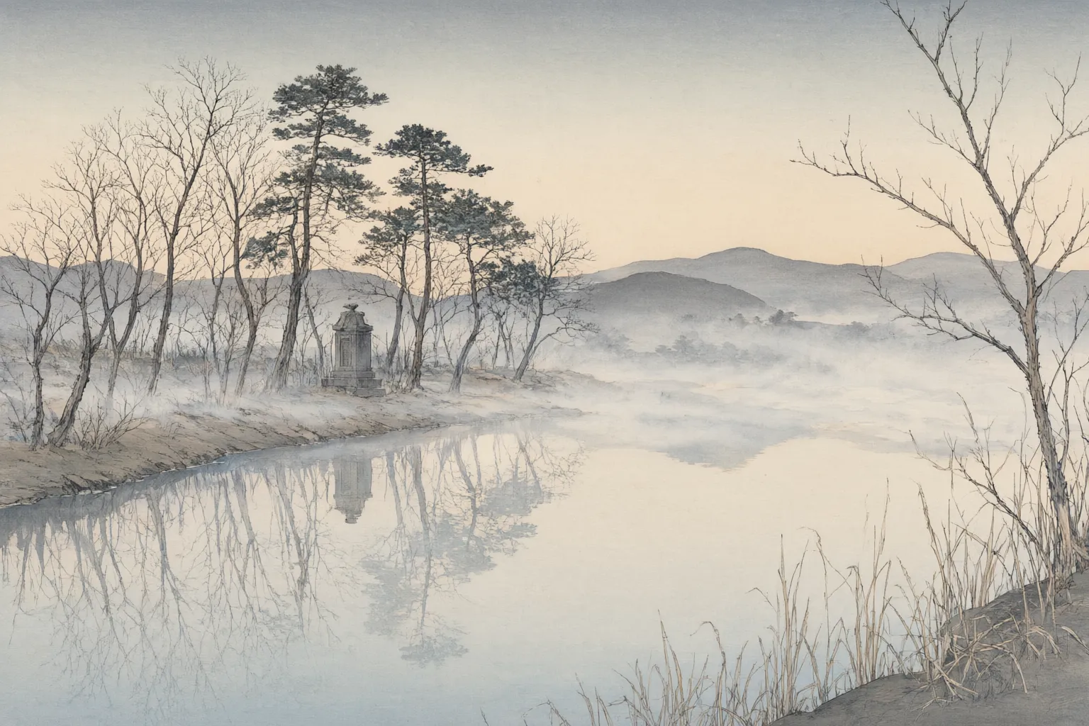 Woodblock-style print of a still pond under lifting mist at first light, bare trees along the far bank and a low stone among them, the water holding a flat reflection.