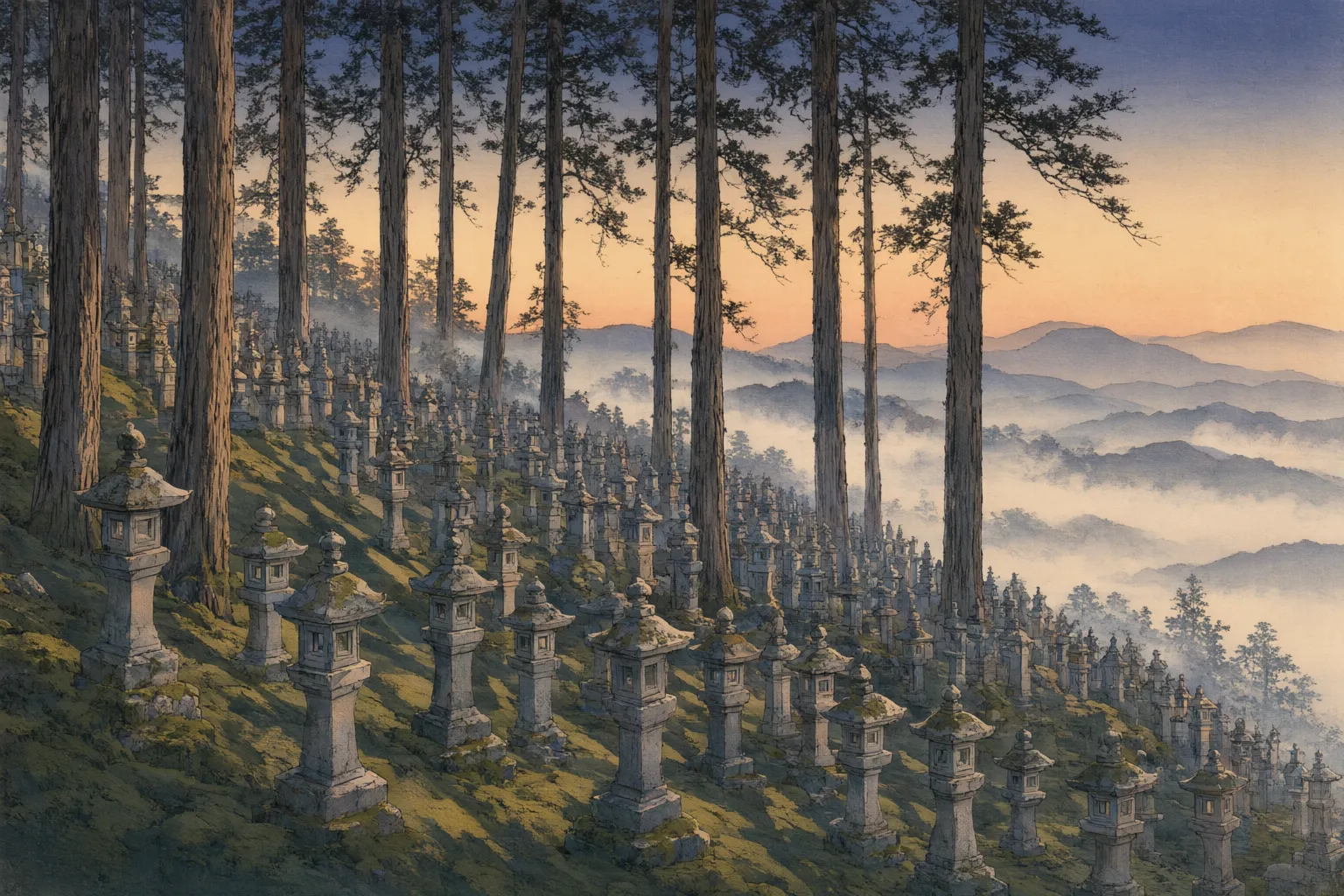 Woodblock-style illustration of hundreds of weathered stone lanterns standing in rows under tall cedars, with low evening light slanting between the trunks.