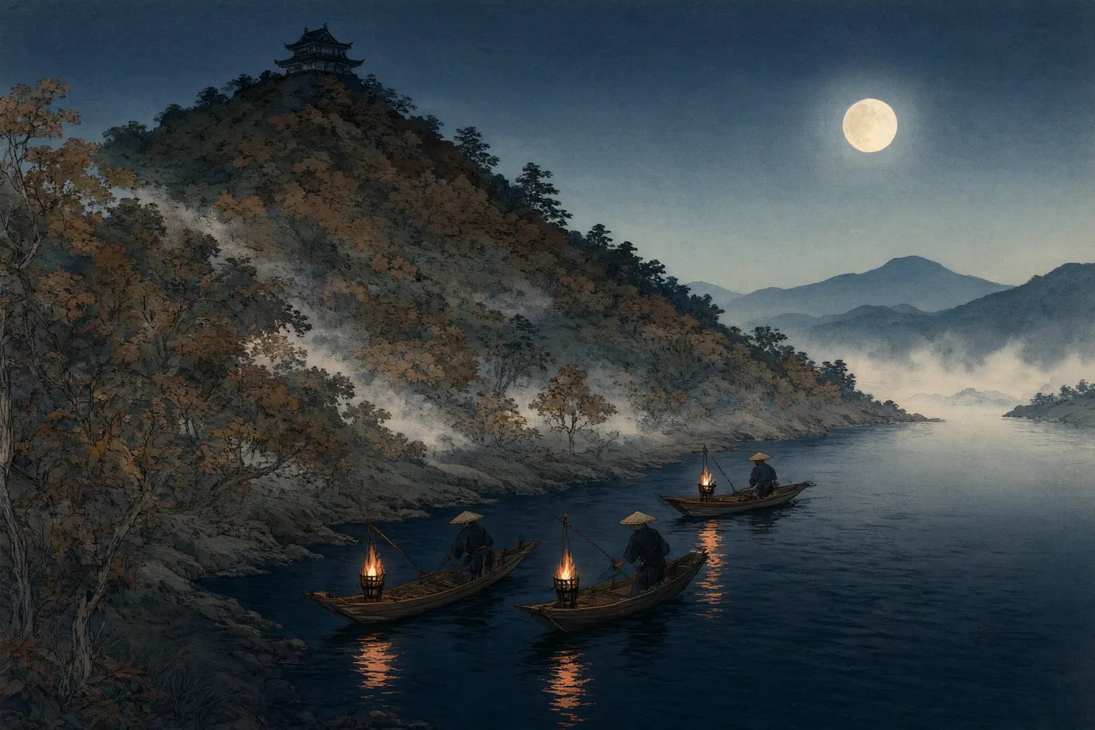 Woodblock-style illustration of fishing boats on a dark river at night, each carrying a burning brazier at the bow, below a steep wooded hill with a small castle on its summit under a full moon.