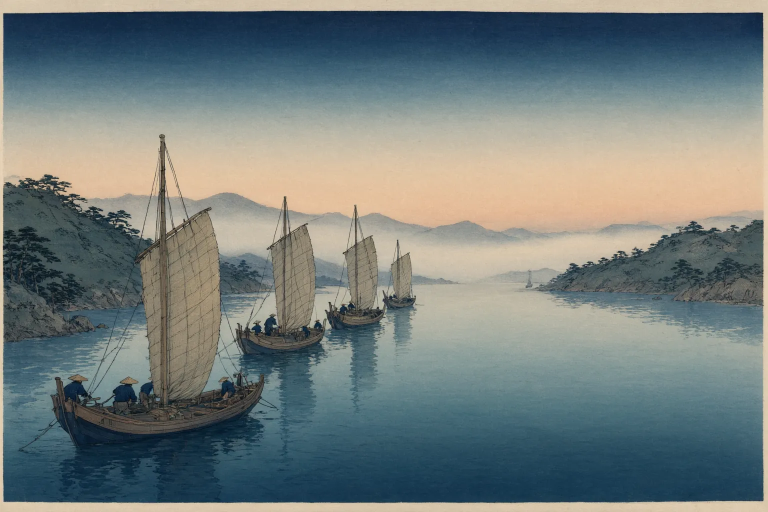Woodblock-style illustration of sailing vessels entering a sheltered bay at dusk, with low hills on both headlands.