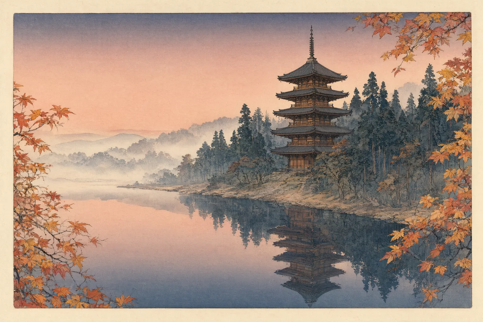 Woodblock-style illustration of a five-storey wooden pagoda beside a still pond at sunset, with cedars behind it and the tower reflected in the water.