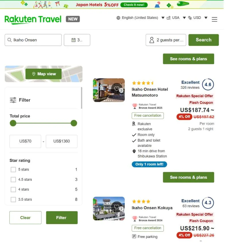 The Rakuten Travel English search results for Ikaho Onsen, showing the date fields already filled in at the top, a price and star-rating filter on the left, and a list of inns each with a nightly rate and a "See rooms & plans" button.