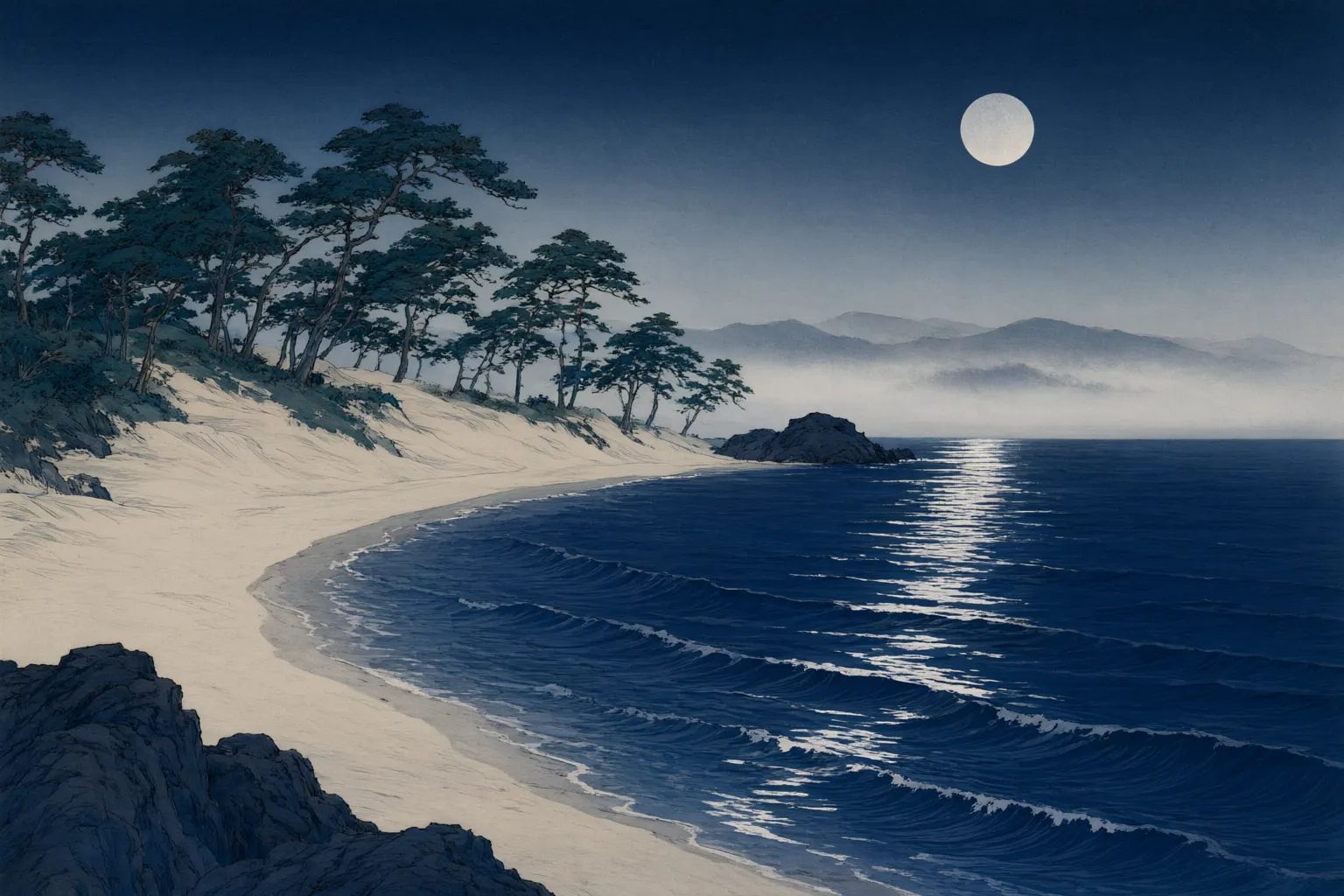 Woodblock-style print of a curved beach between two headlands under a full moon, pines along the dune behind it and a long track of moonlight on the water.