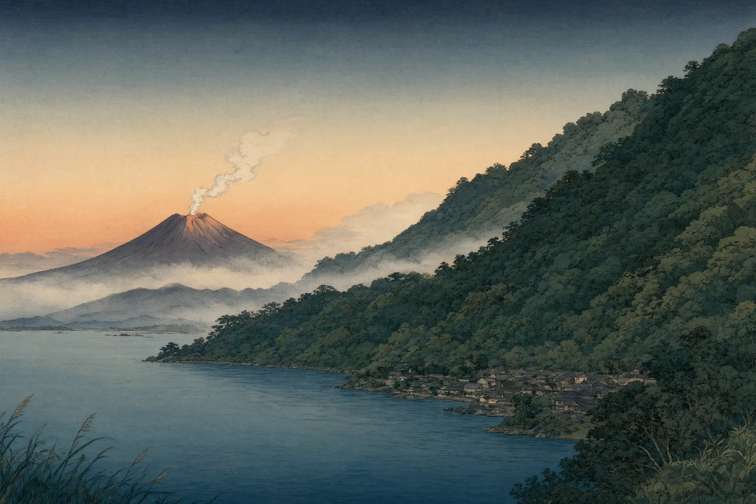 Woodblock-style print of a steep wooded hill above a bay at dusk, the roofs of a town at its foot and a smoking volcano across the water.