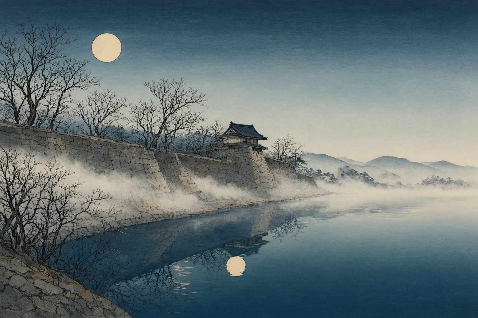 Woodblock-style illustration of a full moon over the stone walls and moat of a castle, with bare trees and a low turret roof reflected in still water.
