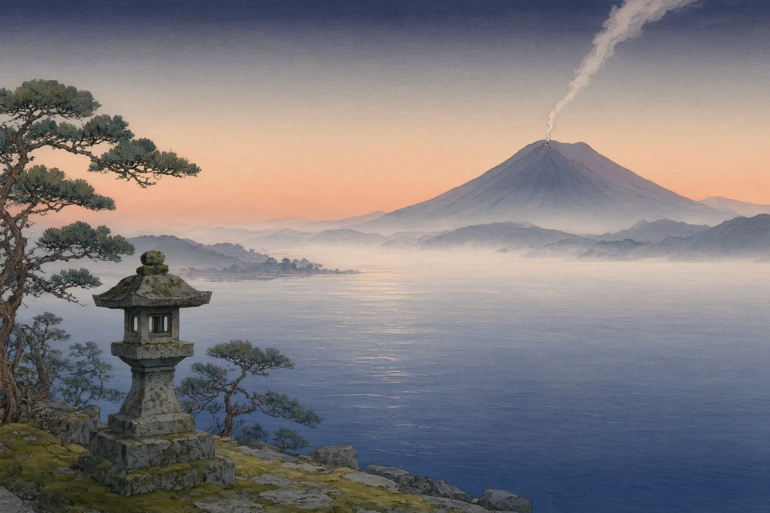 Woodblock-style illustration of a volcanic island trailing smoke across a wide calm bay at sunset, seen past the pines and a stone lantern at the edge of a garden.