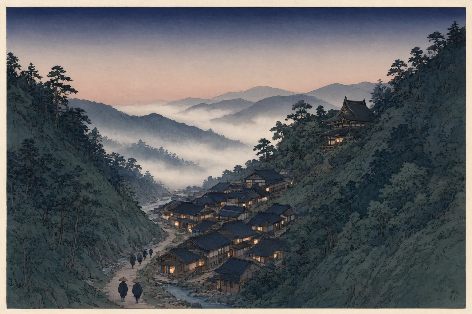 Woodblock-style illustration of a small inn village in a narrow valley at dusk, with a temple roof on the slope above.