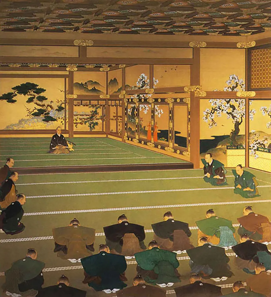 Painting of a palace room with gold-ground screens of pines and cherry, a single figure in black seated alone on the raised tatami at the left, and rows of men in formal dress bowing on the floor before him.
