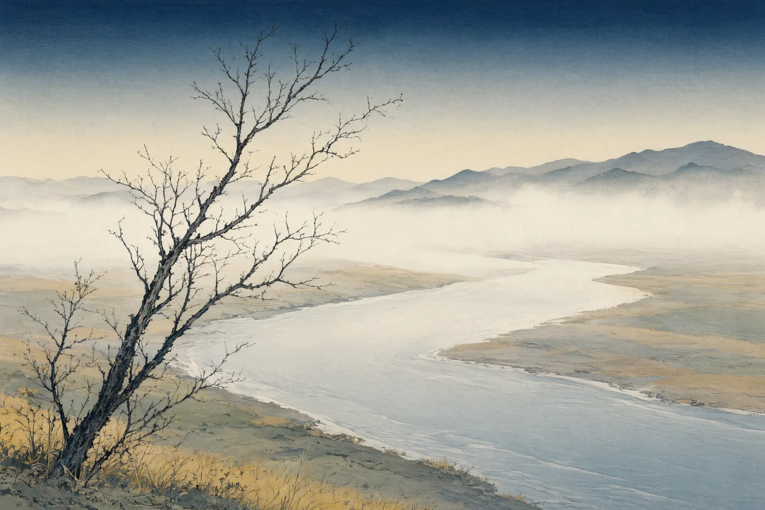 Woodblock-style illustration of a wide river plain under heavy morning mist that is beginning to lift, with low hills beyond and a single bare tree in the foreground.