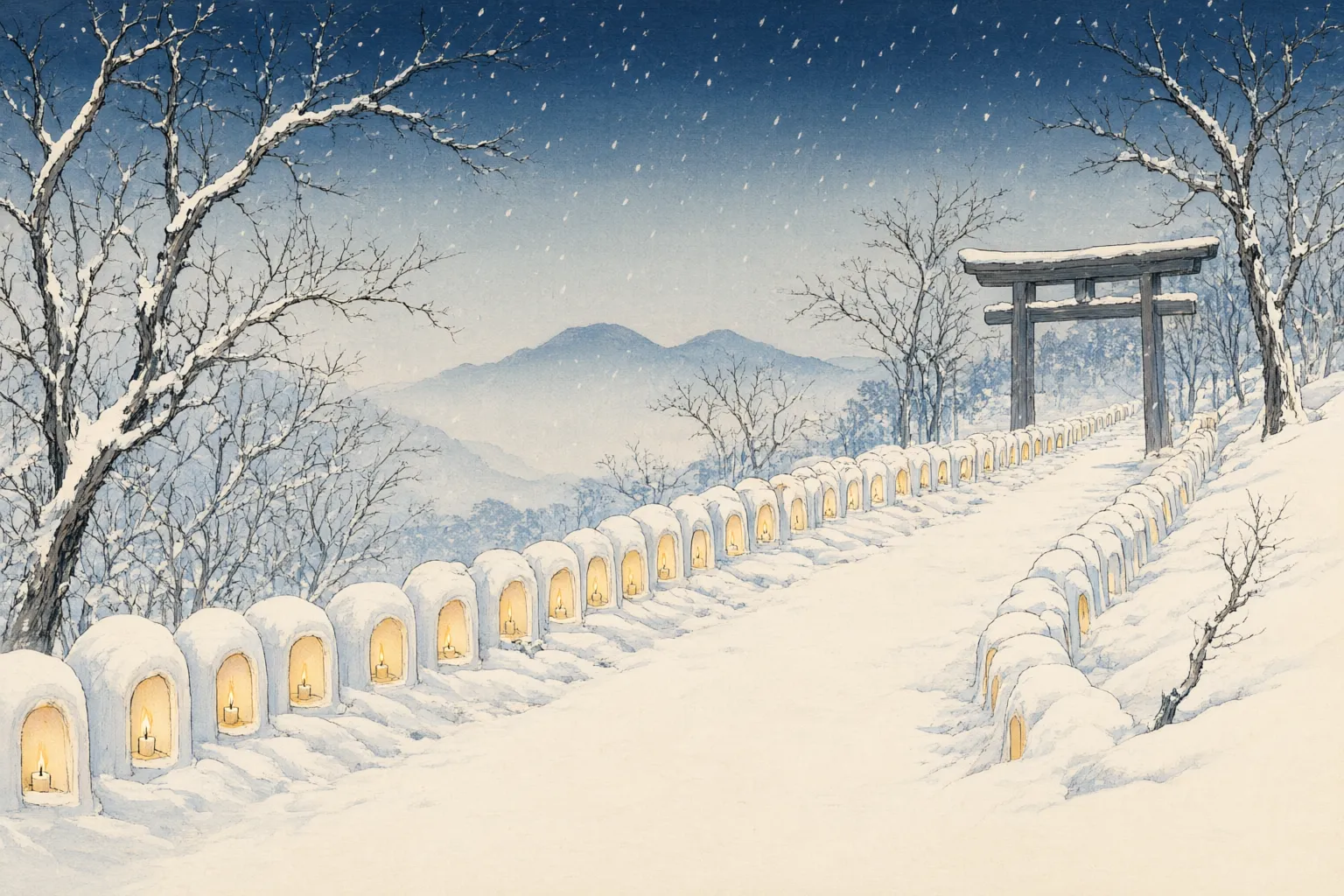 Woodblock-style illustration of hundreds of small snow lanterns with candles burning in them, set in deep snow along a shrine approach at dusk.