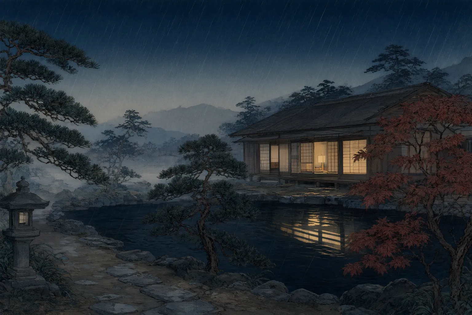 Woodblock-style print of a pond garden at night in fine rain, lamplight from the open shutters of a low wooden house laid in bars across the water, pines and a maple dark against a wet sky.